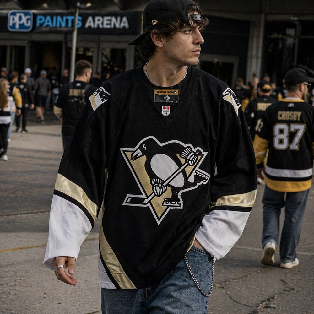 VTG Koho Pittsburgh Penguins NHL Hockey Jersey Large Black Gold Air-Knit Canada